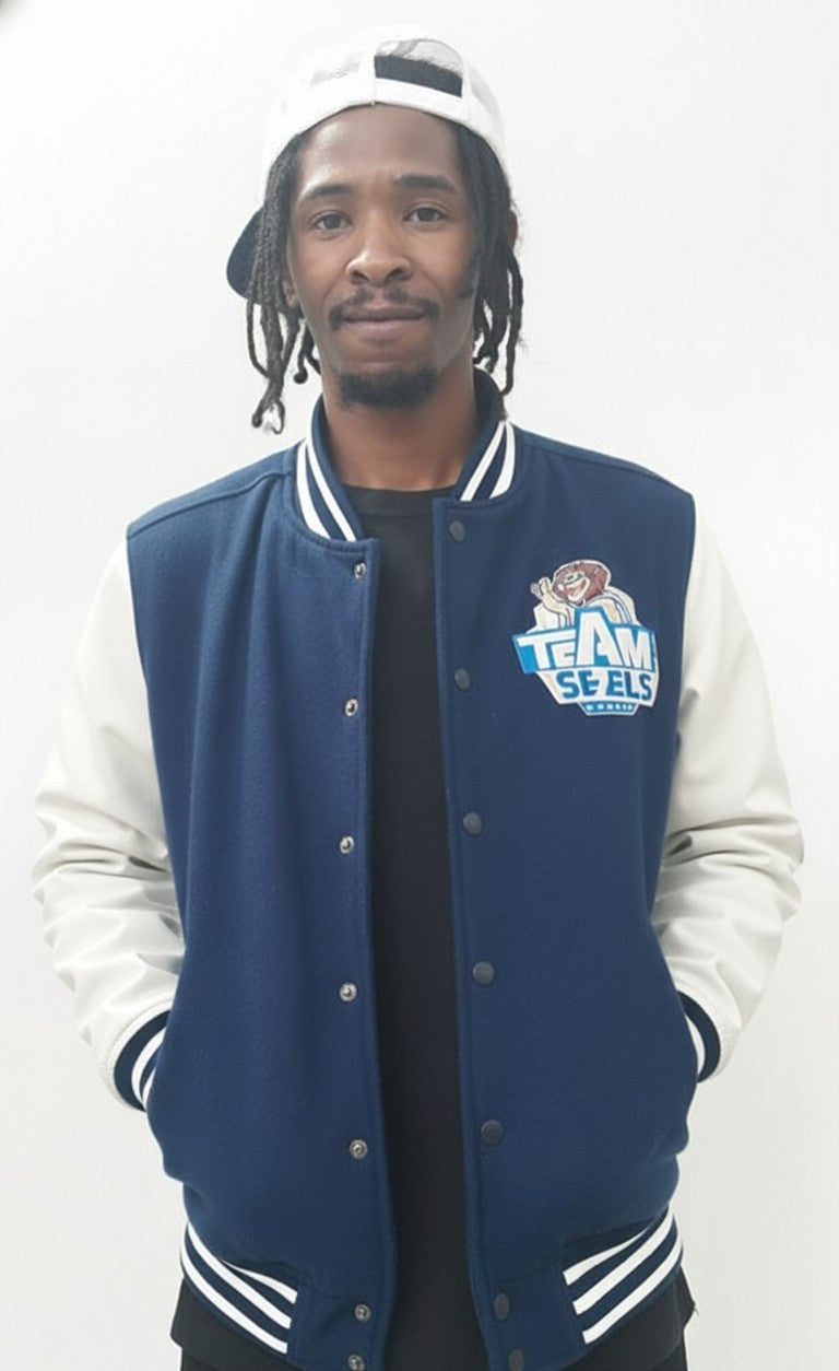 Team Se7en Fashion Navy Blue White Wool Varsity Coat with Leather Sleeves