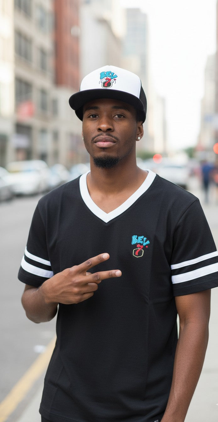 Bev7 Clothing Baseball Tee Shirt and Trucker Hat (Black)