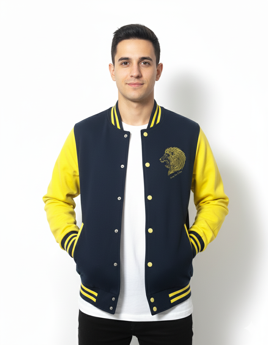 Beverly Seven Luxury Fashion Est. 2018 Navy Blue Yellow Varsity Jacket