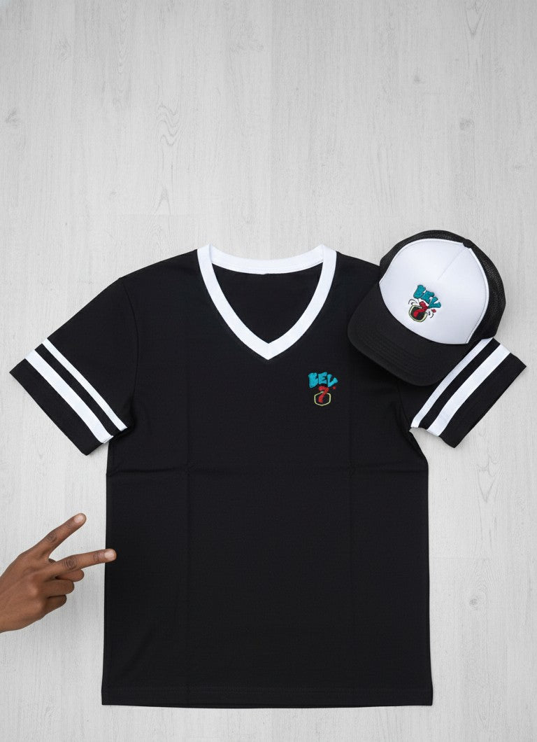 Bev7 Clothing Baseball Tee Shirt and Trucker Hat (Black)