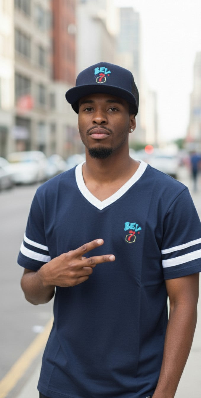 Bev7 Clothing Baseball Tee Shirt and Trucker Hat (Navy)