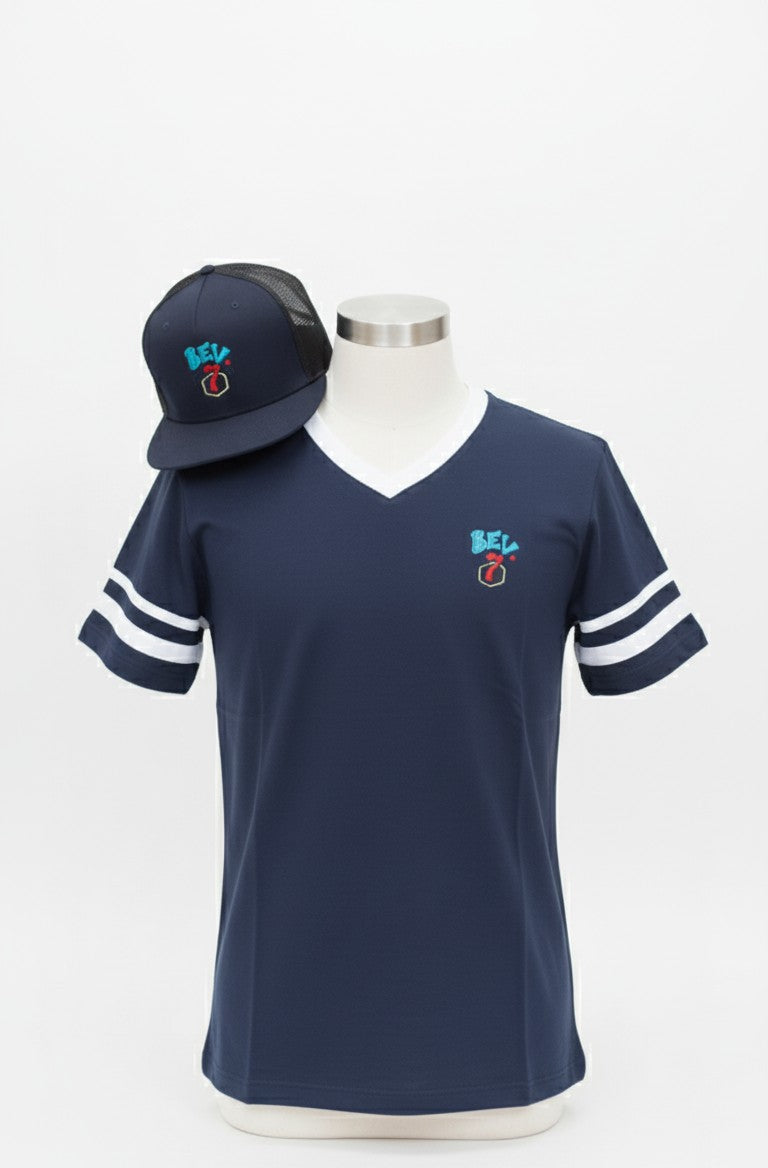 Bev7 Clothing Baseball Tee Shirt and Trucker Hat (Navy)