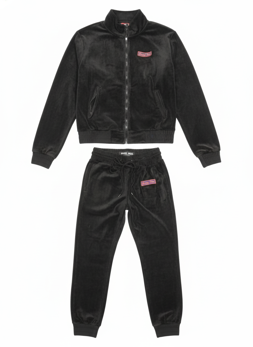Beverly Seven Black Label Red Black Zip Up Velour Sweatsuit