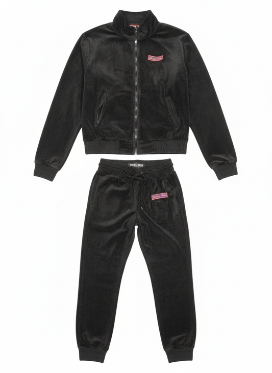 Beverly Seven Black Label Red Black Zip Up Velour Sweatsuit