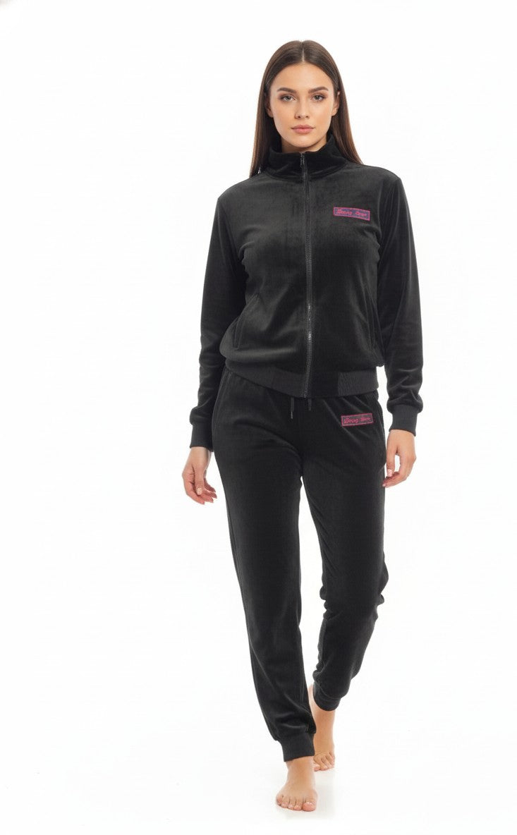 Beverly Seven Black Label Red Black Zip Up Velour Sweatsuit