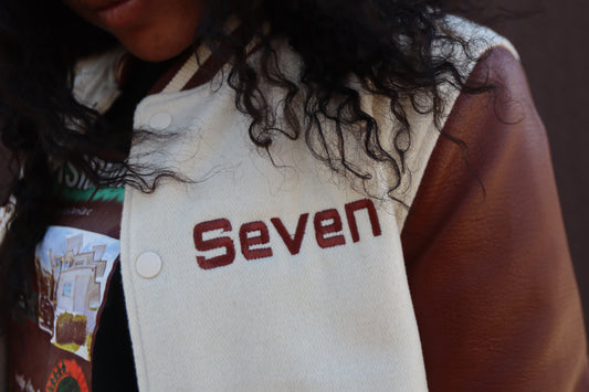 Crème with the Brown Leather Sleeves Beverly Seven Varsity Jacket
